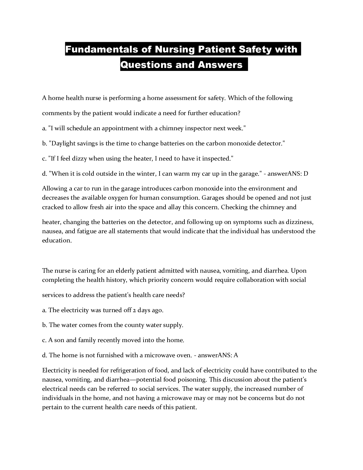 Fundamentals of Nursing Patient Safety with Questions and Answers